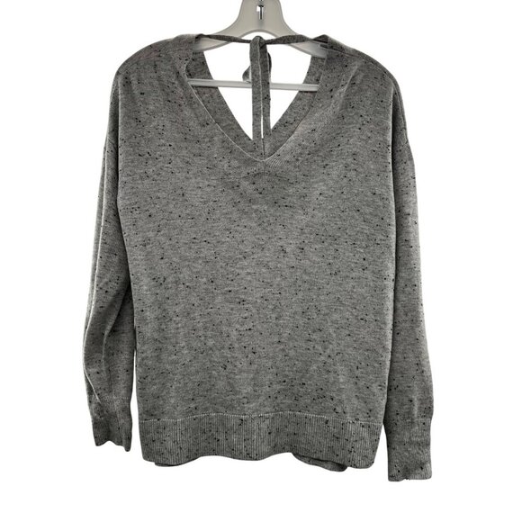 LOFT V-Neck Lightweight Sweater Keyhole Tie Back Gray/Black Speckle Size XS - Picture 1 of 9